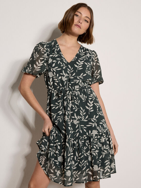 Silhouette Leaf Drawstring Mini Dress, Green, large