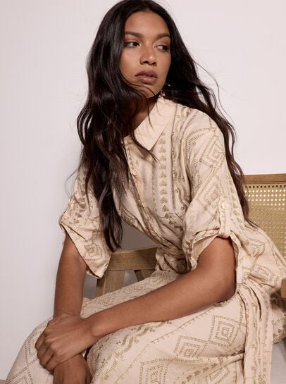 Geometric Shimmer Embroidered Shirt Midi Dress