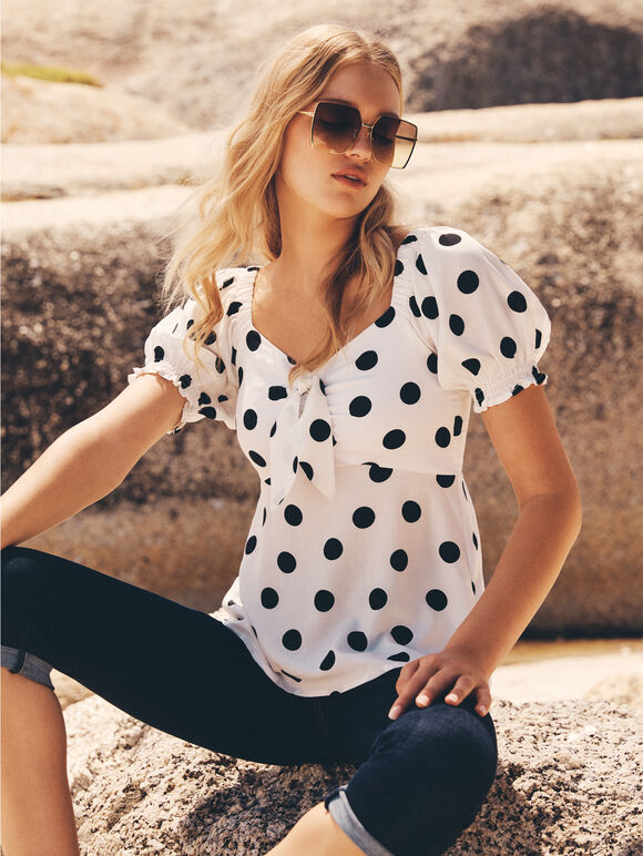 Polka Dot Tie Front Top, White, large