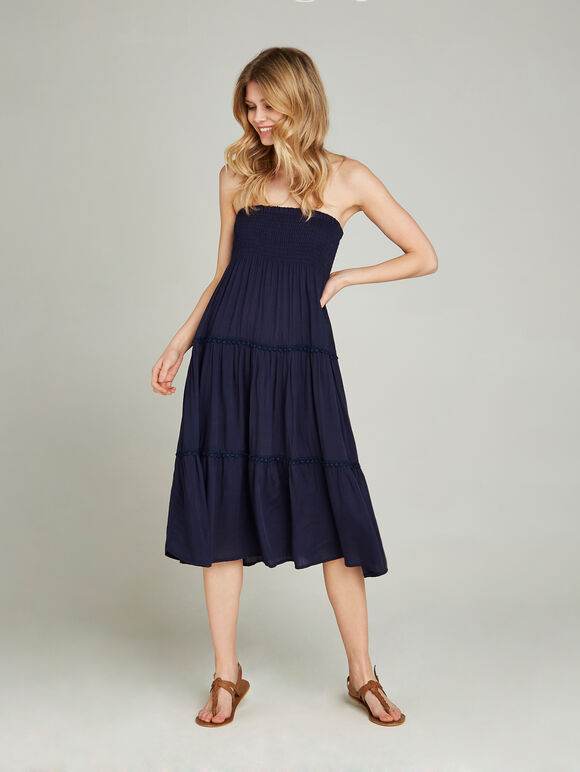 Pom Pom Trim 2in1 Dress, Navy, large