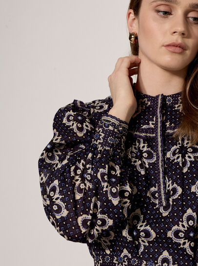 Tile Print Cotton Shift Mini Dress