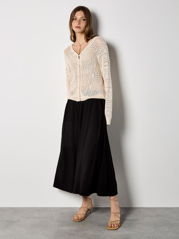 Chevron Pointelle Knit Cardigan, Stone, large