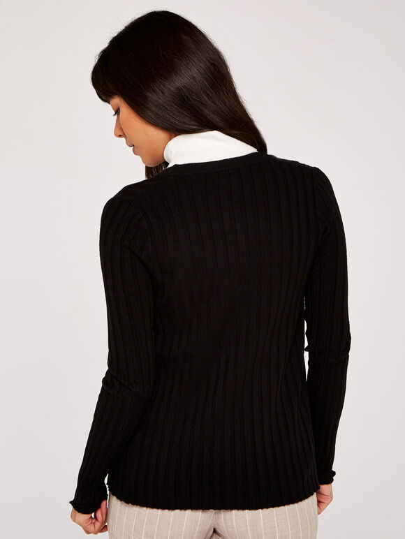 Ribbed Button Down Cardigan, Black, large
