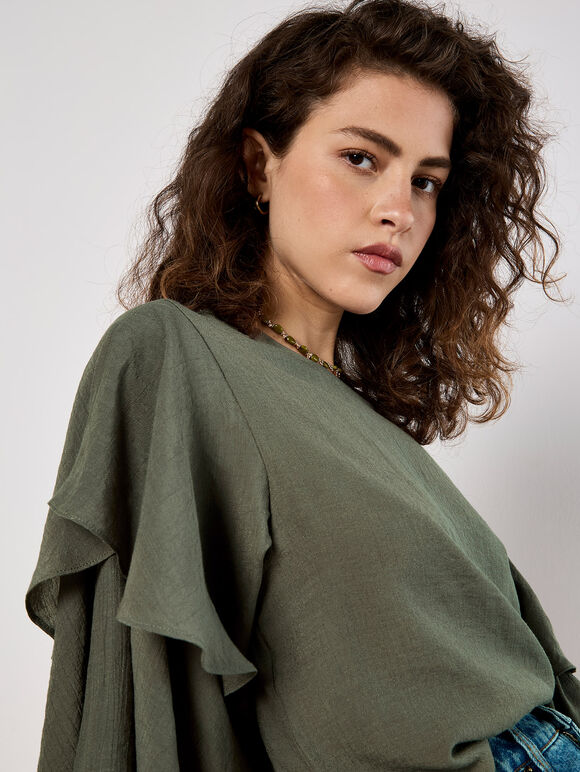 Layered Sleeve Top, Khaki, large