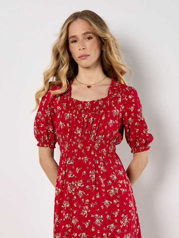 Ditsy Floral Milkmaid Midi Dress, Red, large