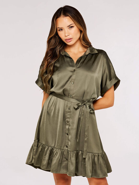 Ruffle Shirt Mini Dress, Khaki, large