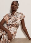 Tropical Leaf Satin Shirt Midi Dress, Stone, large