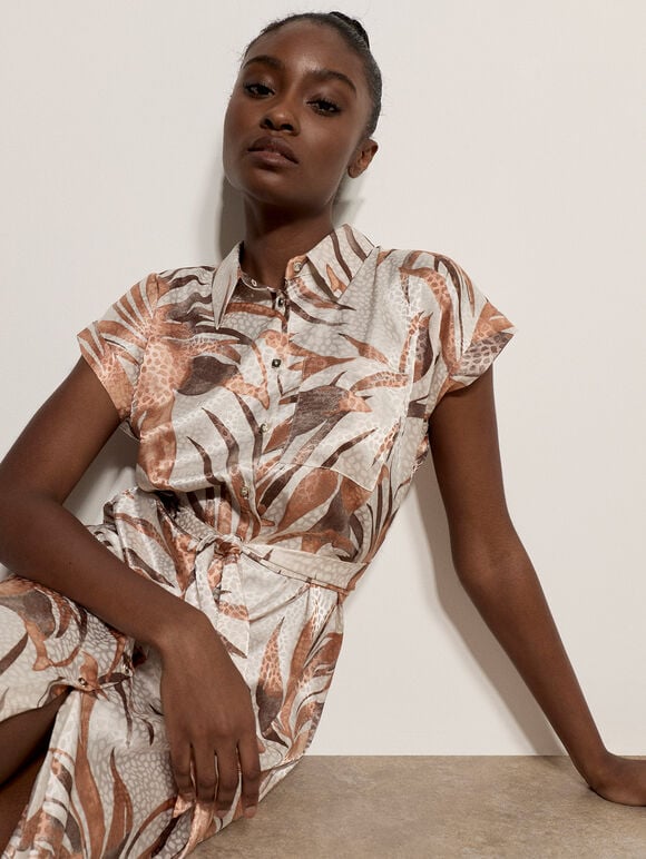 Tropical Leaf Satin Shirt Midi Dress, Stone, large