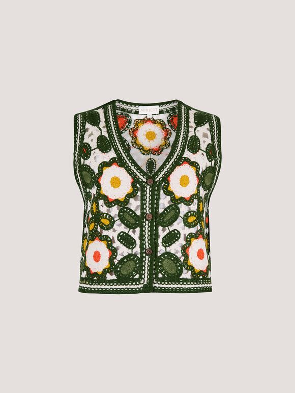 Floral Crochet Waistcoat, Green, large