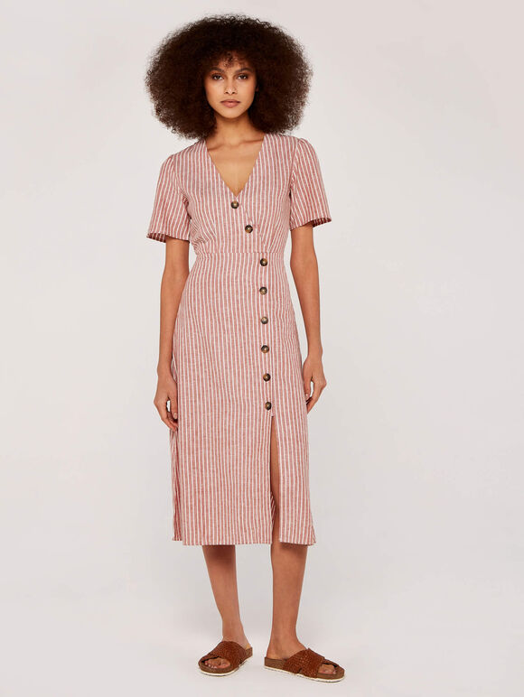 Stripe Asym Button Dress, Rust, large