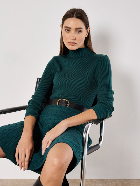 High Neck Knitted Dress, Green, large