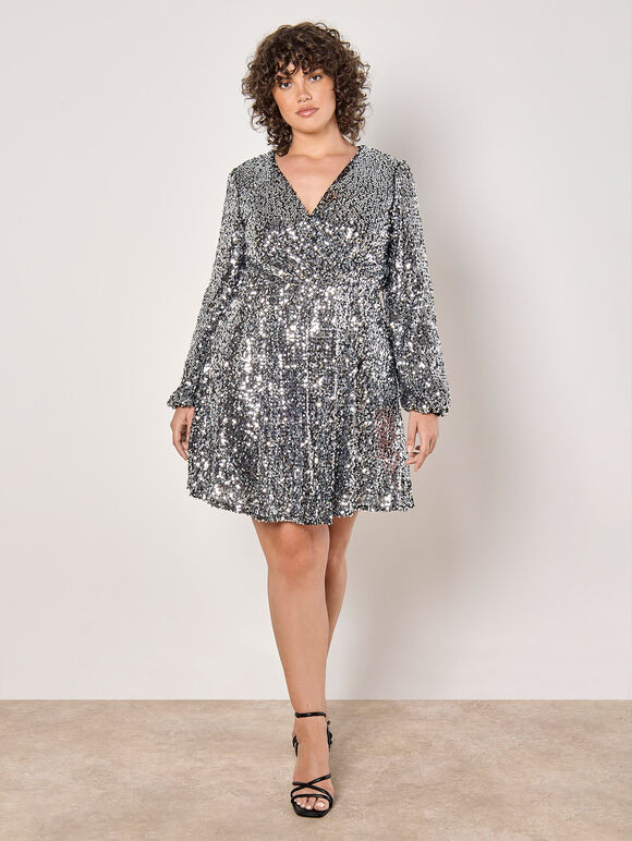 Curve Sequin Wrap Mini Dress, Light Grey / Silver, large