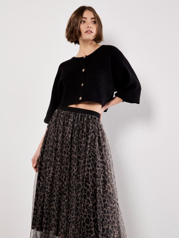 Leopard Tulle Skirt, Brown, large