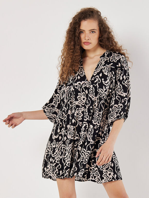 Ikat Sarasa Tiered Mini Dress, Black, large