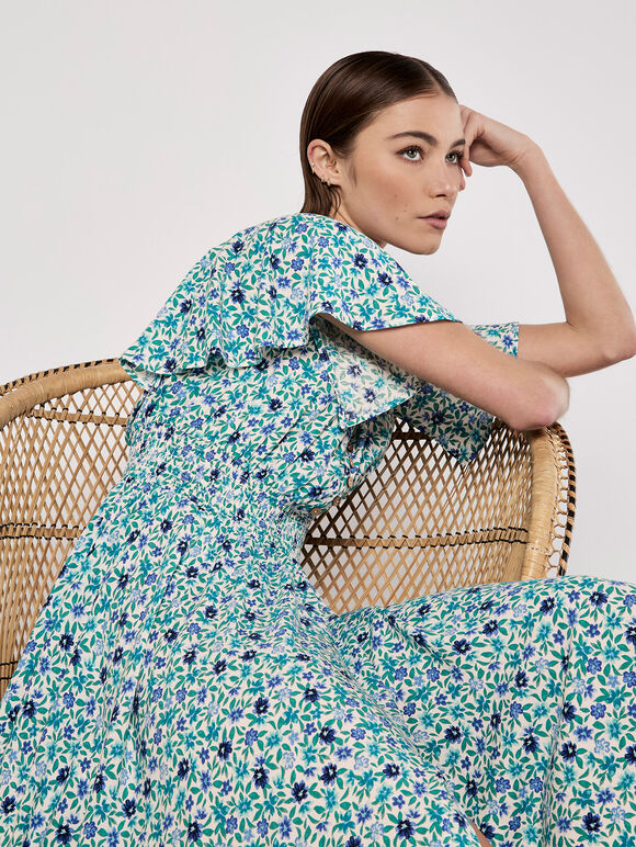 Watercolour Floral Midi Dress, Blue, large