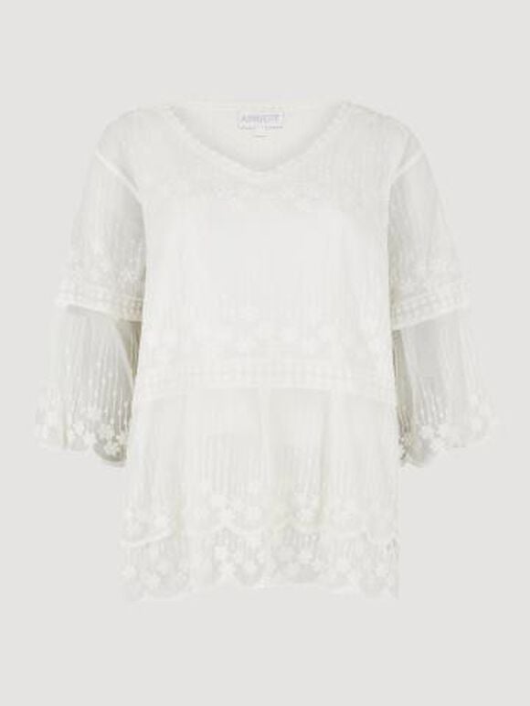 Embroidered Cotton Mesh Blouse, Cream, large
