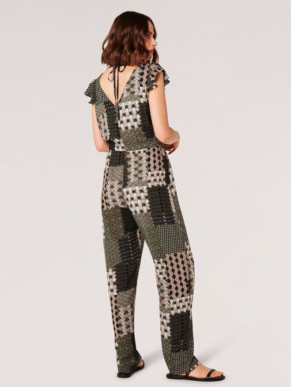 Patchwork Drawstring Jumpsuit, Khaki, large