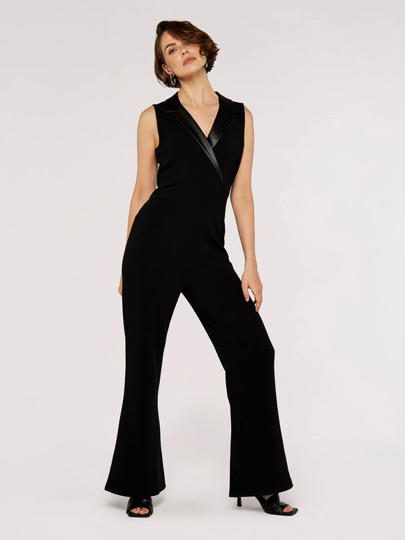 Leather-Look Collar Flare Jumpsuit, Black, large