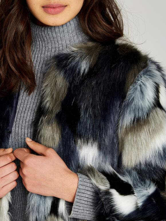 Navy Patchwork Faux Fur Jacket, Navy, large