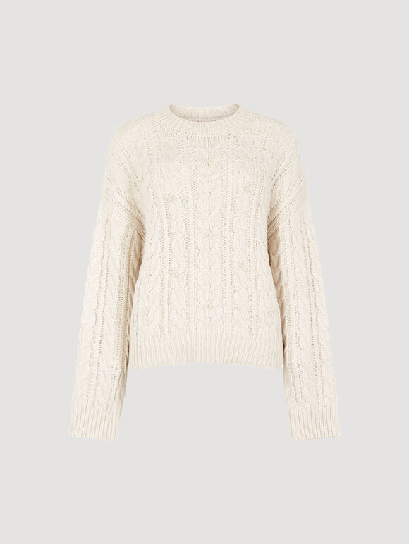 Pearl Embellished Cable Knit Jumper, Cream, large