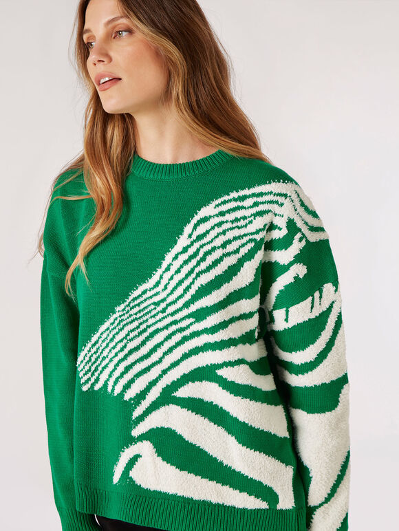 Oversized Zebra Pattern Jumper, Green, large