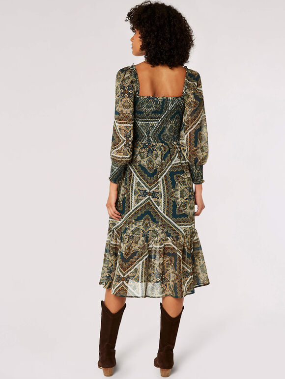 Scarf Print Milkmaid Midi Dress, Green, large