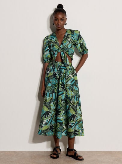 Tropical Leaf Cotton Tie Front Top