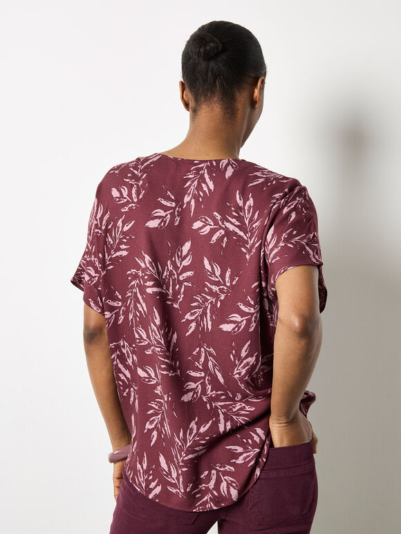 Leaf Print Woven T-Shirt, Burgundy, large