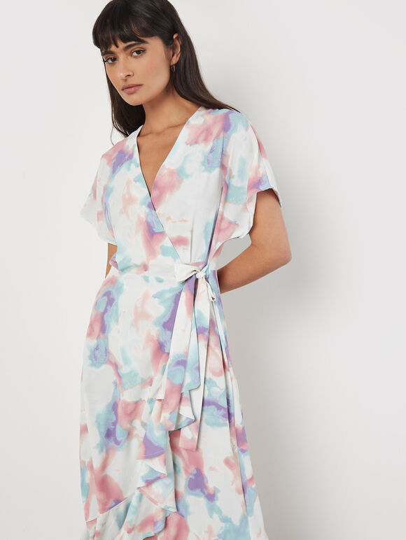 Watercolour Ruffle Wrap Midi Dress, Mint, large