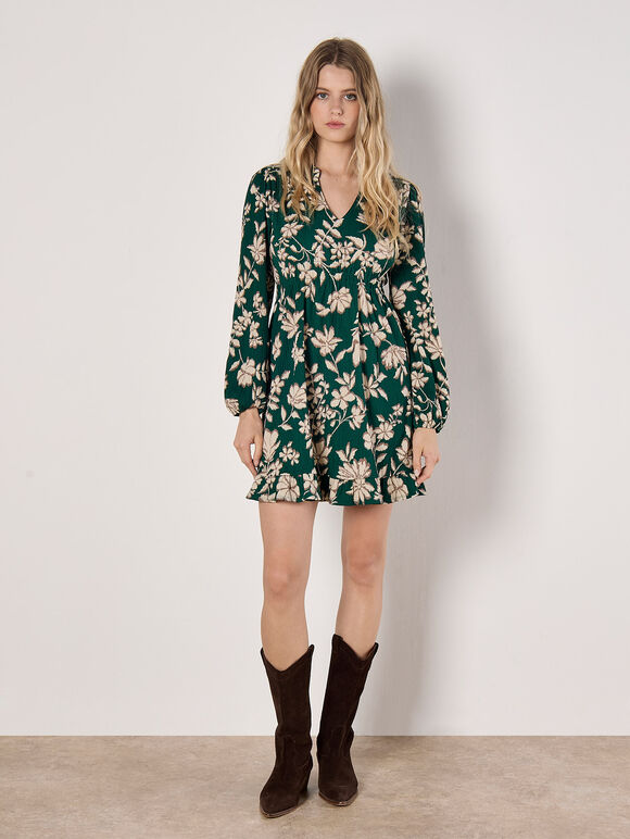 Crinkle Floral Mini Dress, Green, large