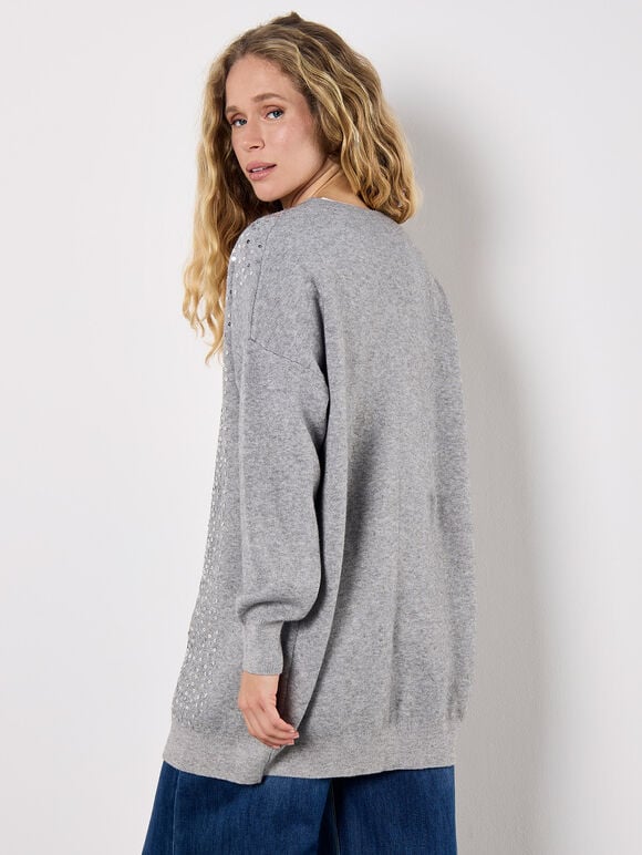 Sequin Embellished Long Cardigan, Grey, large