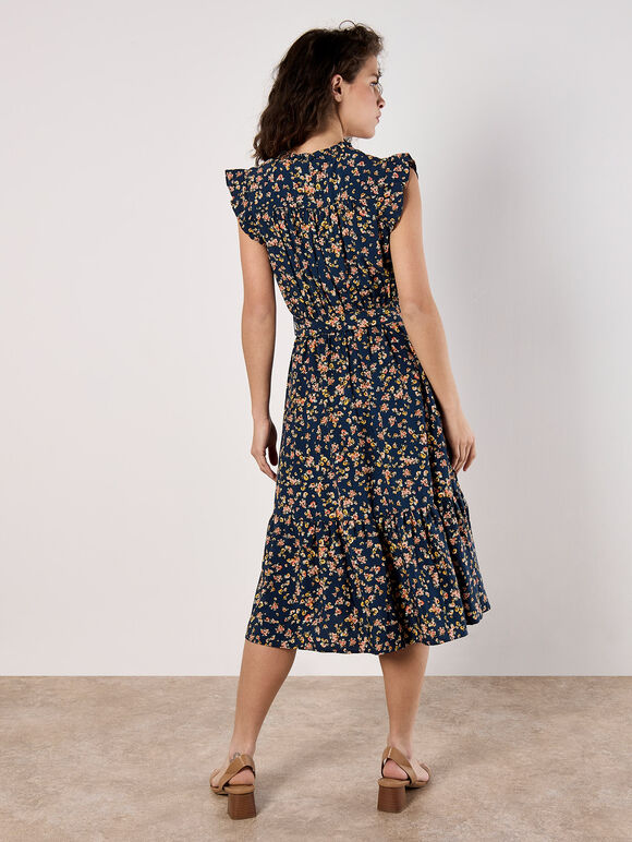 Floral Frill Wrap Midi Dress, Navy, large