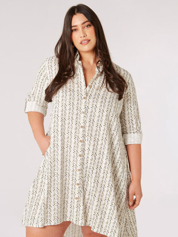 Chevron High-Low Shirt Mini Dress, Stone, large