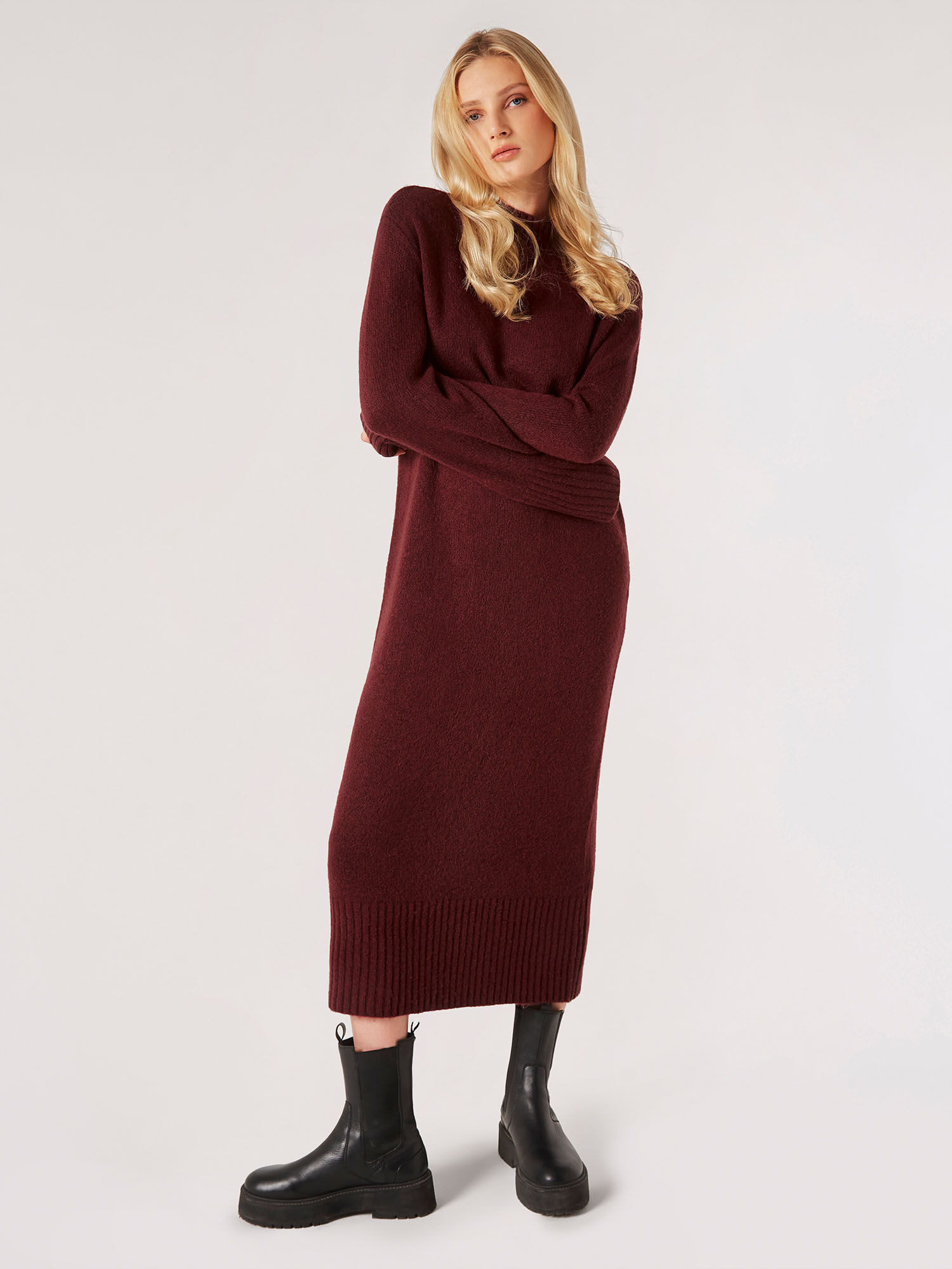 Chunky Knit Midi Dress Apricot Clothing