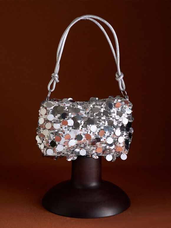 Sequinned Shoulder Bag, Silver, large