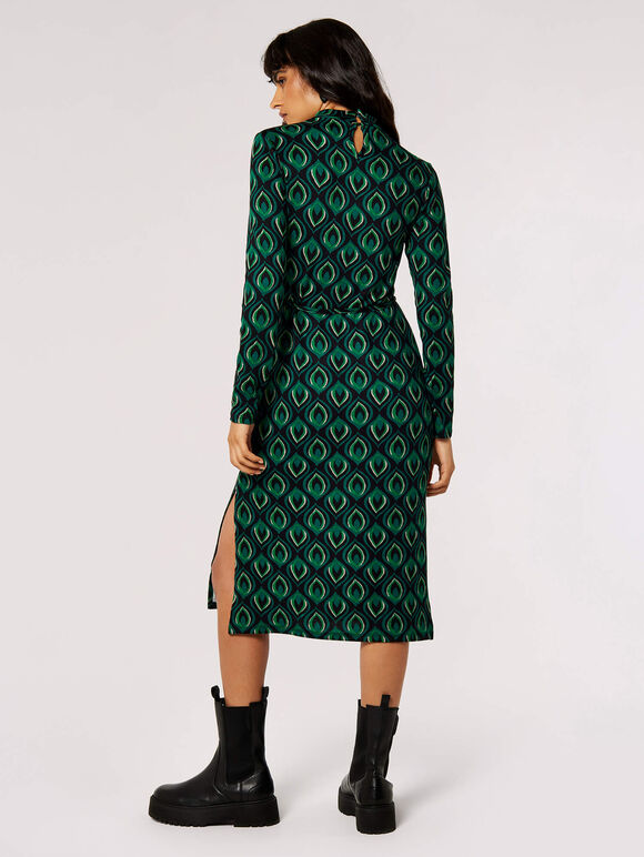 Geometric Leaves Knit Midi Dress, Green, large