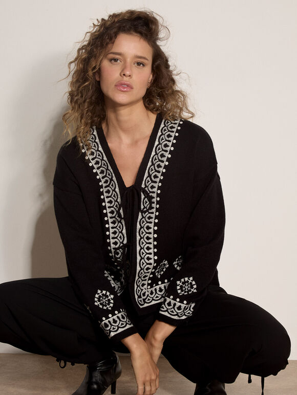 Soft Ribbed Knit Embroidered Cardigan, Black, large