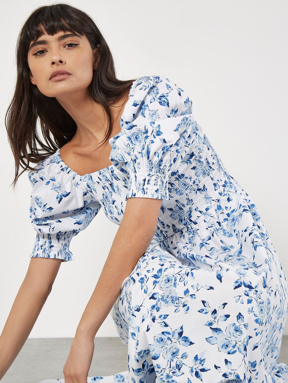 Rose Cotton Milkmaid Midaxi Dress, Blue, large