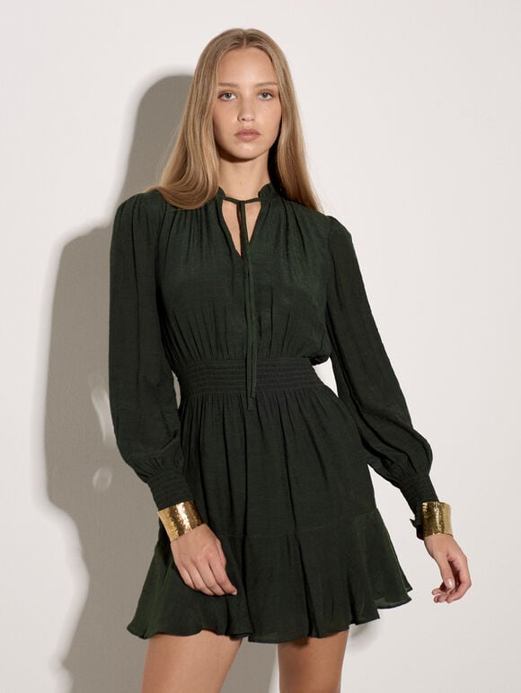 Ruffle Neck Mini Dress, Green, large