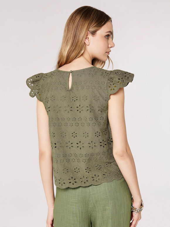 Broderie Anglaise Top, Khaki, large