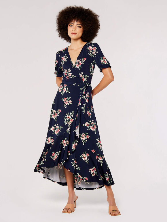 Floral Wrap Midi Dress, Navy, large