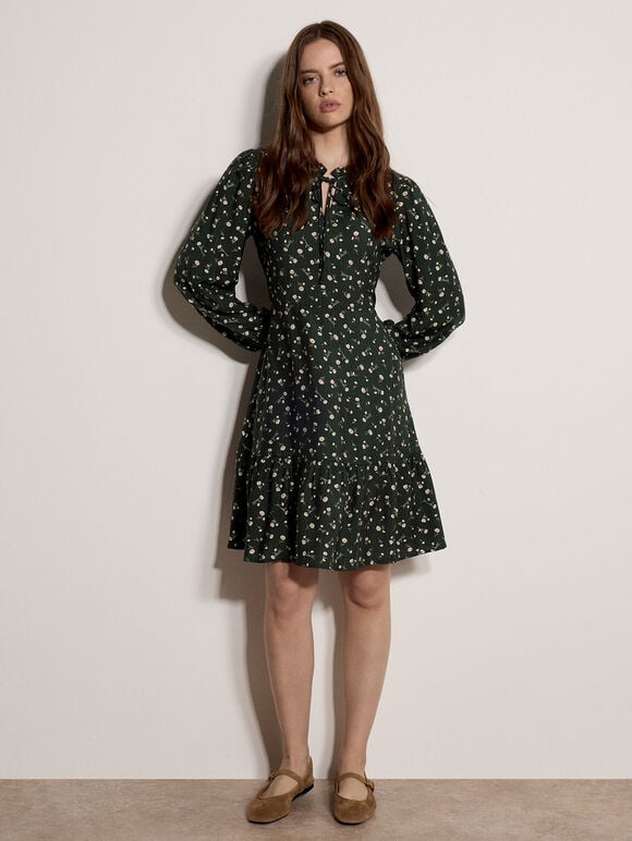 Ditsy Floral Mini Skater Dress, Green, large