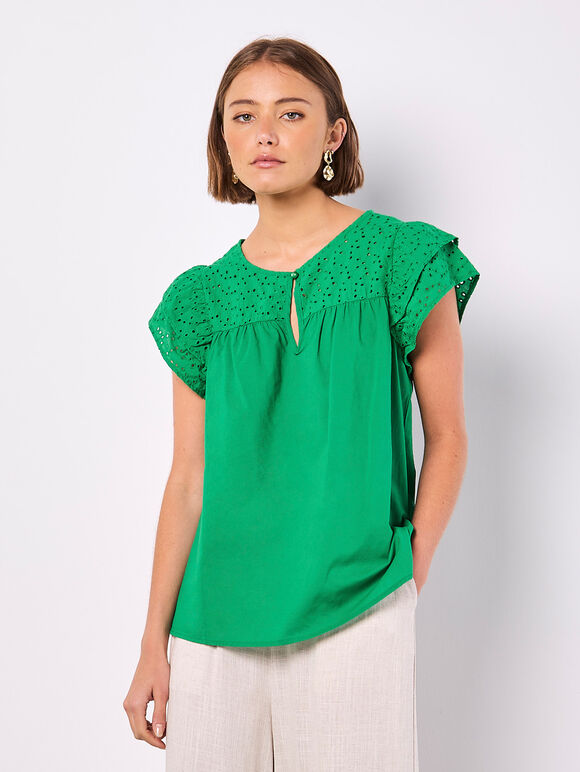 Broderie Yoke Cotton Top, Green, large