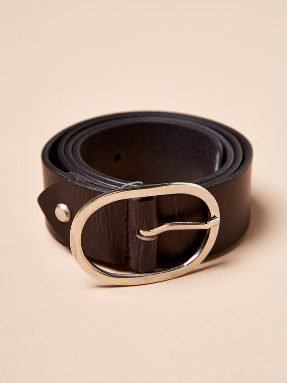 Silver buckle leather belt, Black, large