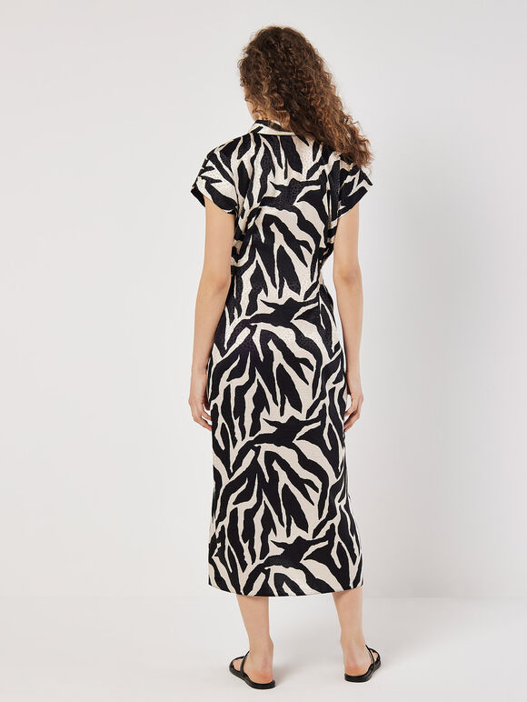 Textured Satin Zebra Print Midi Dress, Cream, large