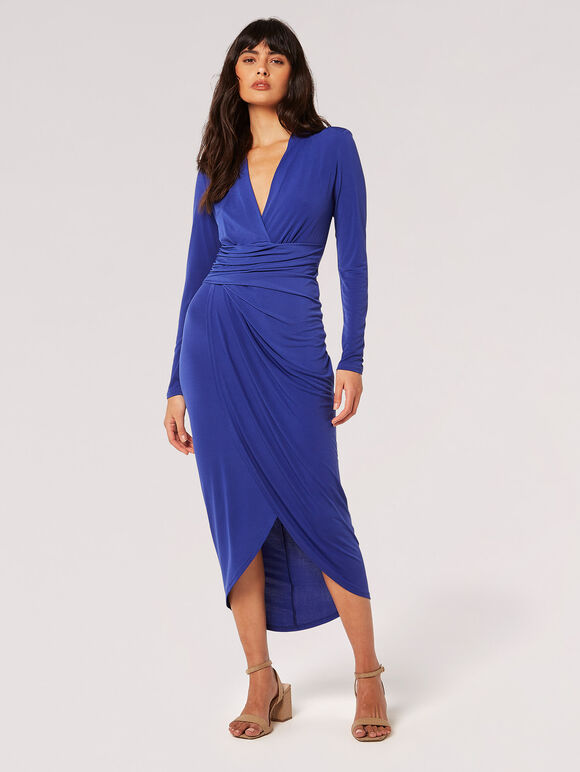 Jersey Ruched Wrap Midi Dress, Blue, large