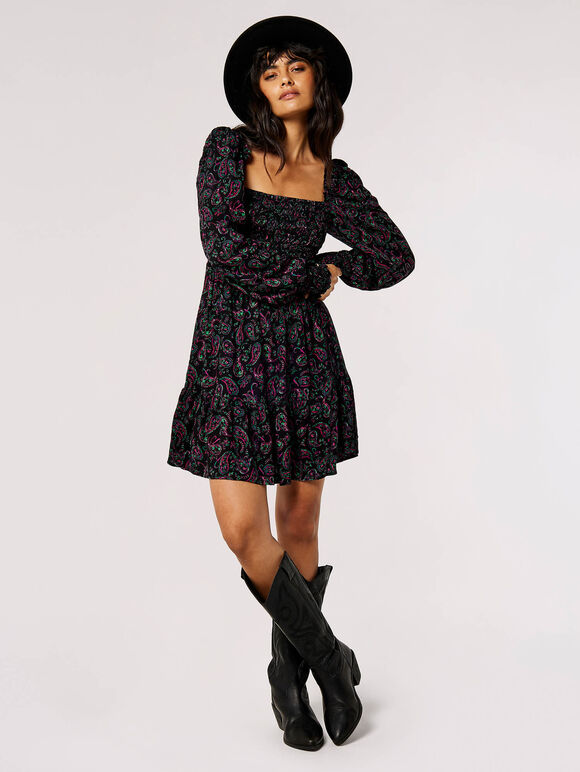 Paisley Milkmaid Mini Dress, Black, large