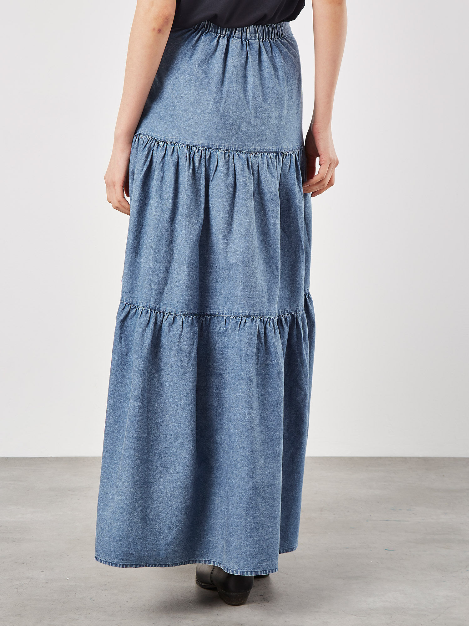 Cotton Denim Tiered Maxi Skirt Apricot Clothing