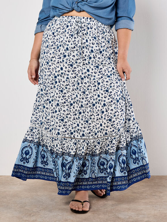Sarasa Floral Tiered Maxi Skirt, Cream, large