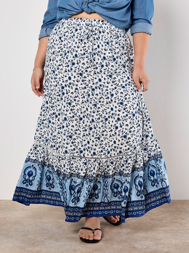 Sarasa Floral Tiered Maxi Skirt, Cream, large